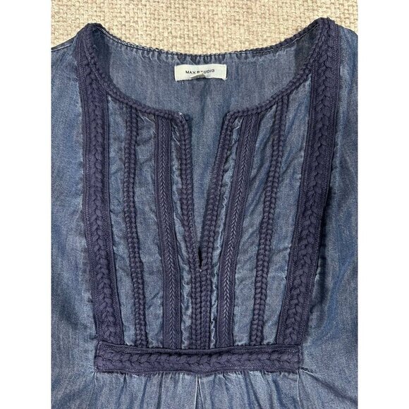 Max Studio Dress Womens Small Blue Shift Chambray Bell Sleeves Boho Embroidered - Picture 8 of 12